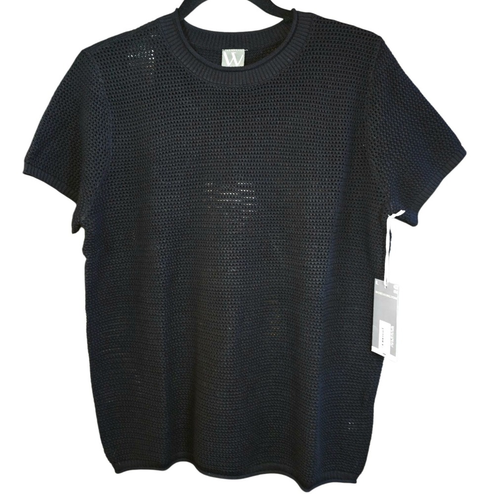 Worthington Black Crochet Women Sz L Top Pullover‎ Short Sleeve Round Neck NEW